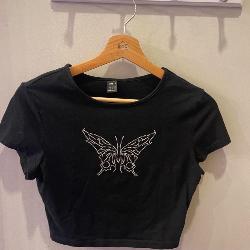 Black crop top with crystal butterfly